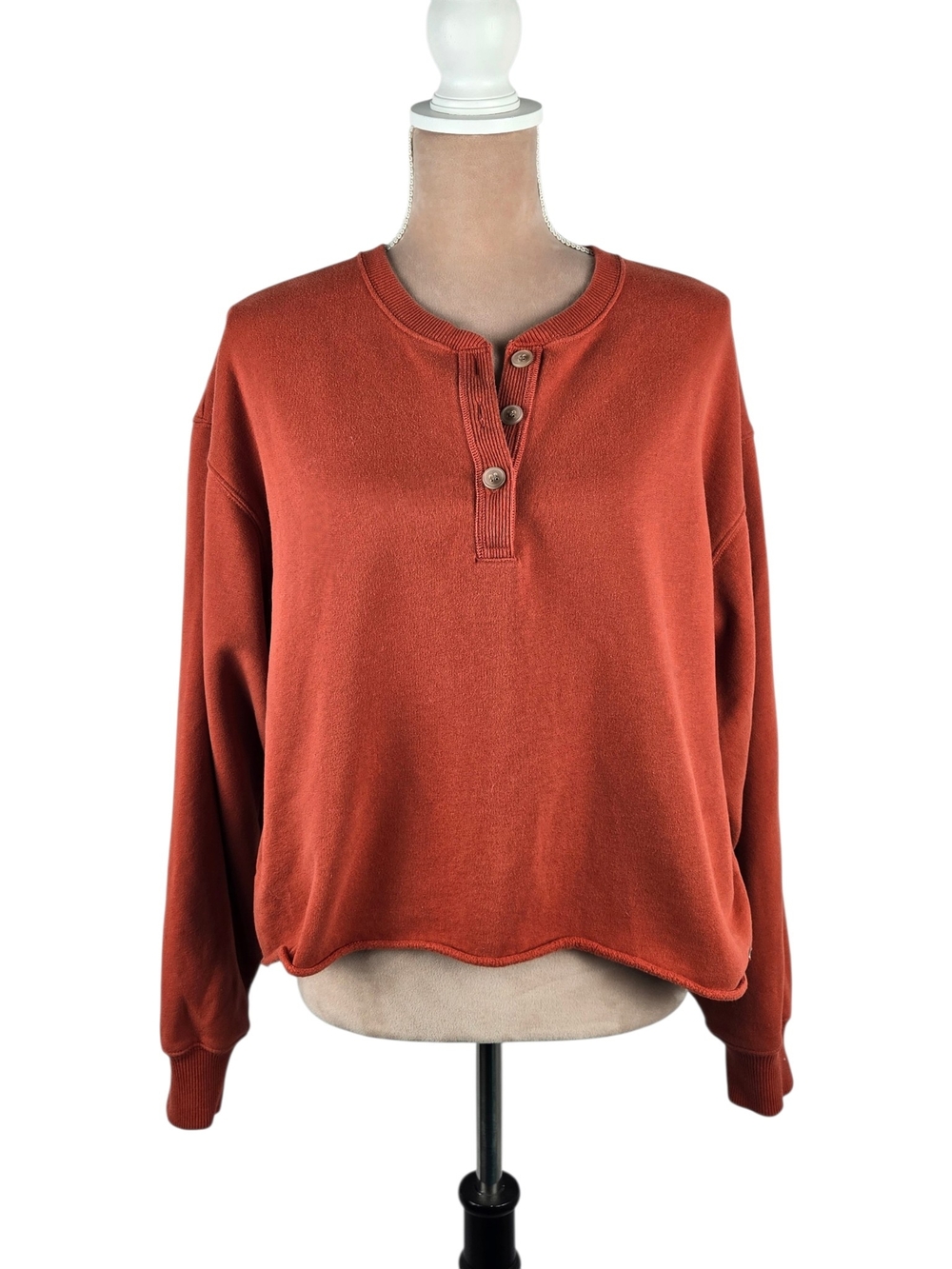 Hollister California Henley Sweatshirt Cropped Fleece Cotton Blend Rust Large